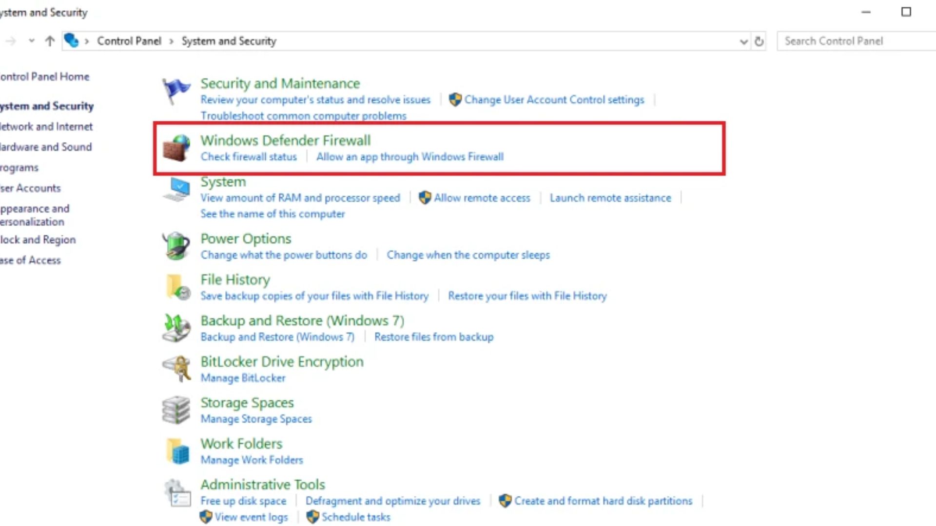 Thao tác chọn Windows Defender Firewall