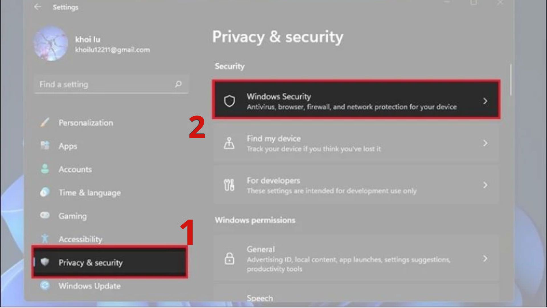 Thao tác và chọn vào Bảo mật Windows