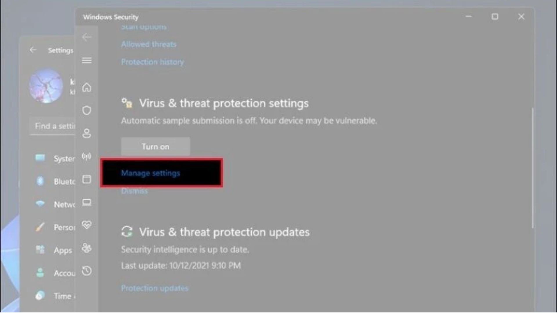 Chọn thao tác Manage settings trong phần Virus & threat protection settings