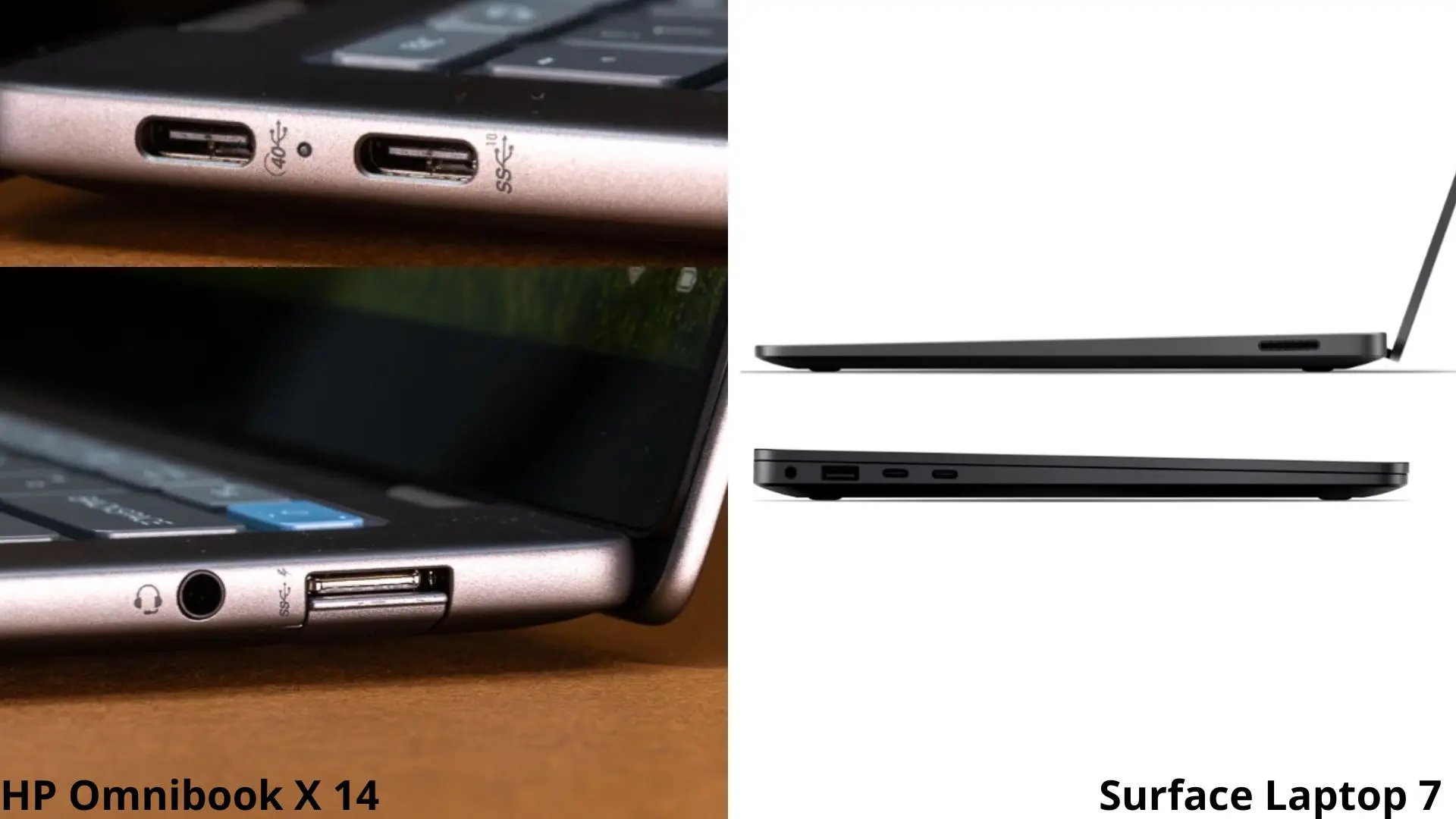HP Omnibook X 14 và Surface Laptop 7 đều đa dạng các cổng kết nối